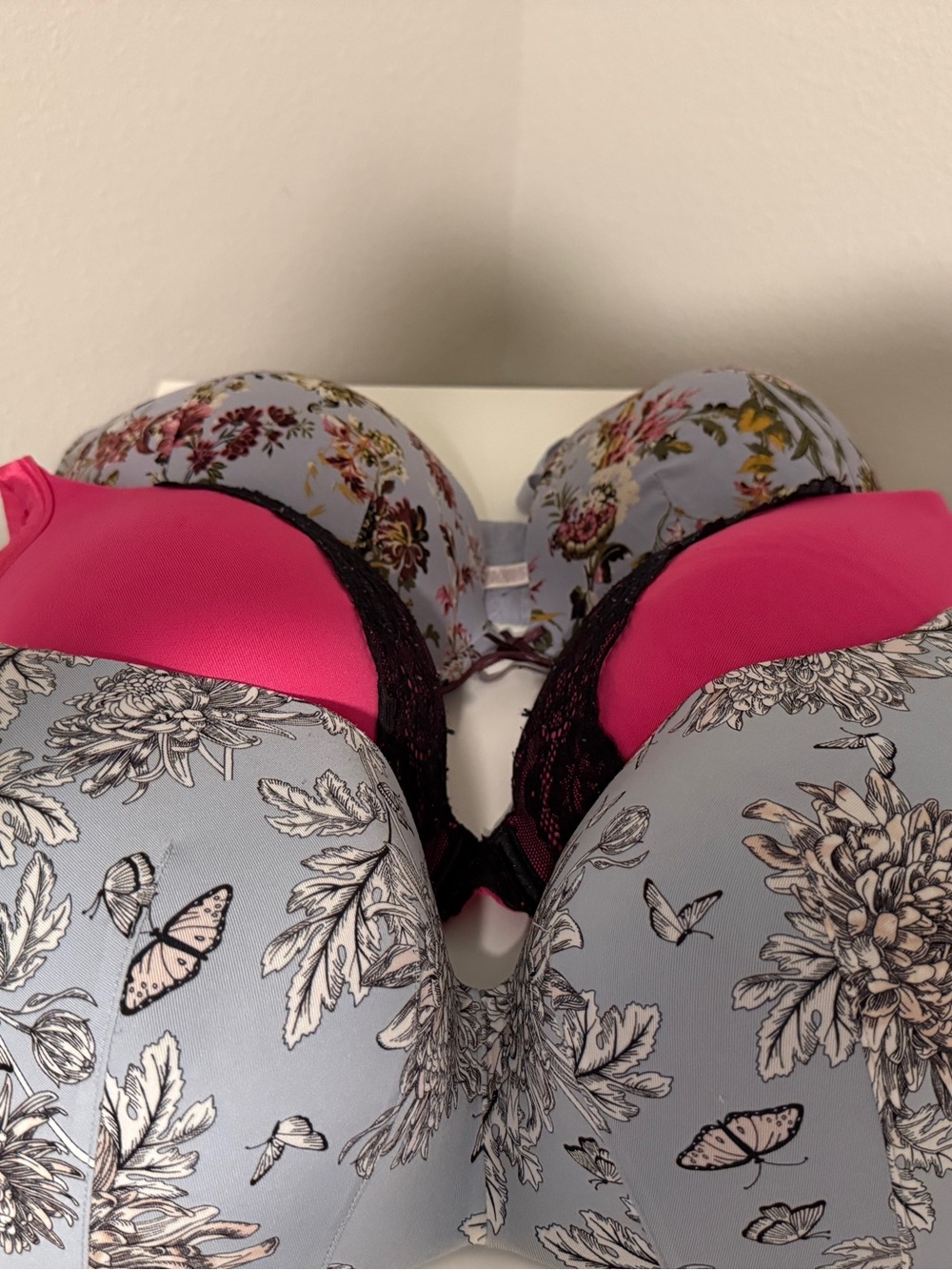 Cacique Light Blue Floral Bra with Hot Pink Cups